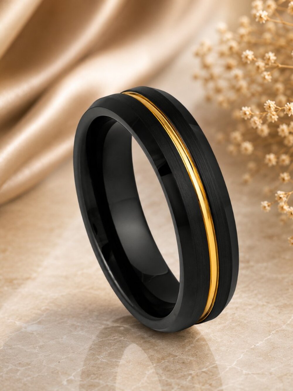 Black Brushed Tungsten Wedding Band with Gold Groove Accent - GALTUN1032-9.5